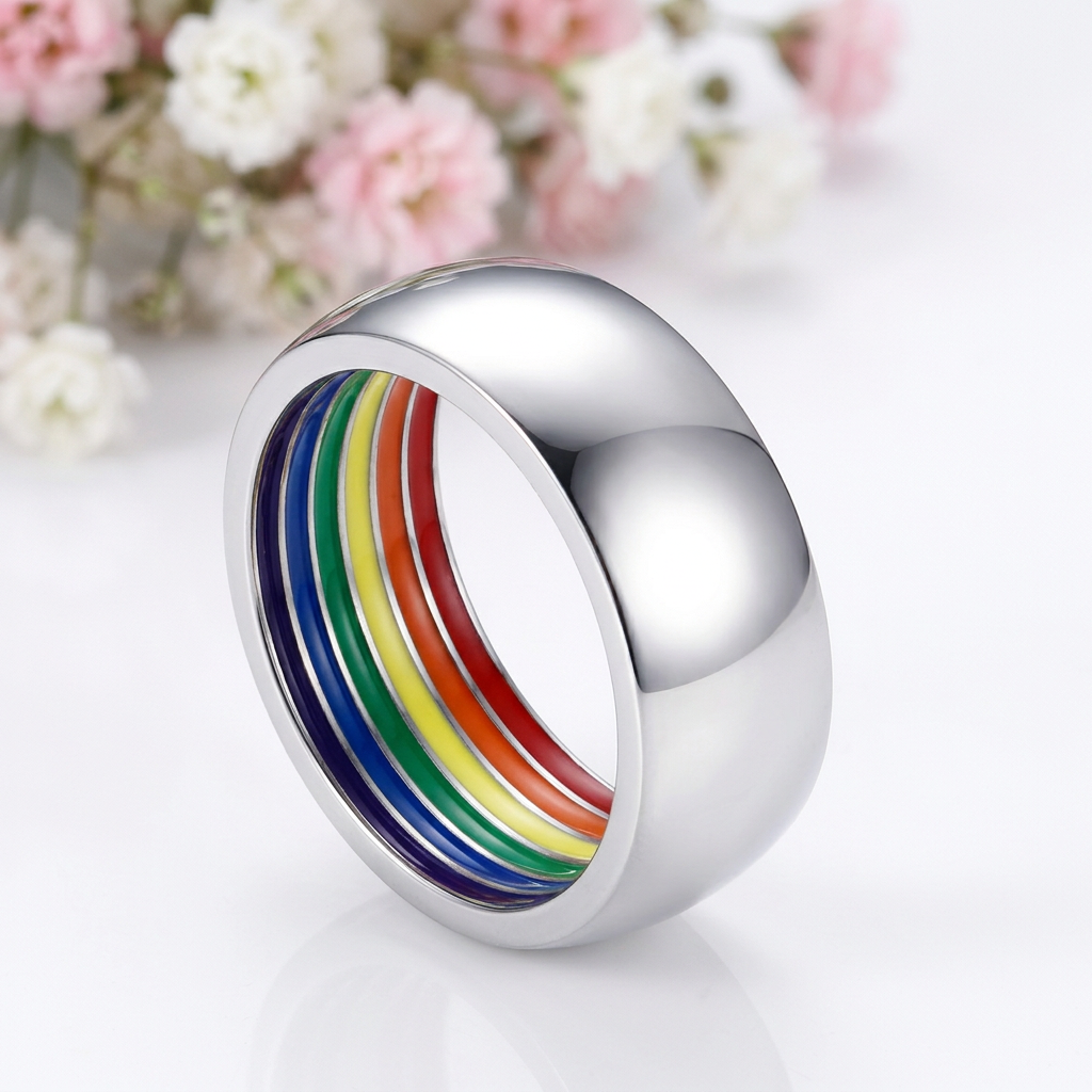 Rainbow Color Dome Stainless Steel Wedding Band-Black Diamonds New York