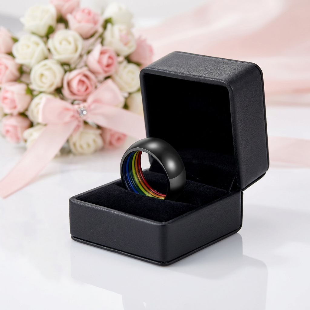 Rainbow Color Dome Stainless Steel Wedding Band-Black Diamonds New York