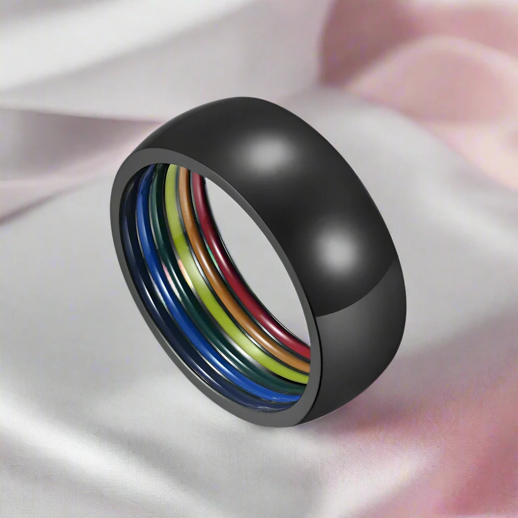 Rainbow Color Dome Stainless Steel Wedding Band-Black Diamonds New York