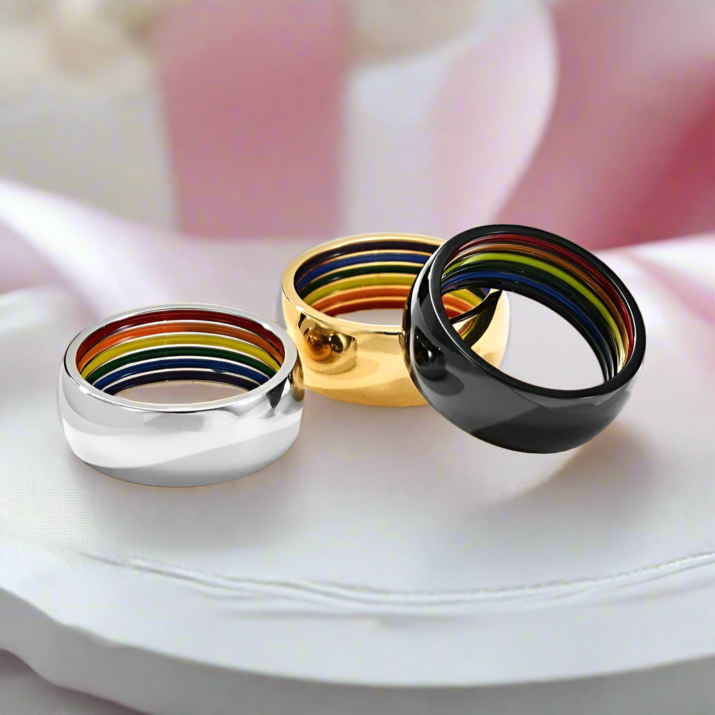 Rainbow Color Dome Stainless Steel Wedding Band-Black Diamonds New York