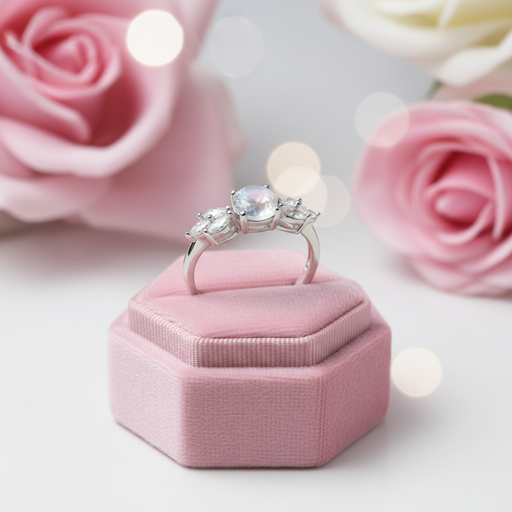 Rainbow Moonstone Promise Ring-Black Diamonds New York