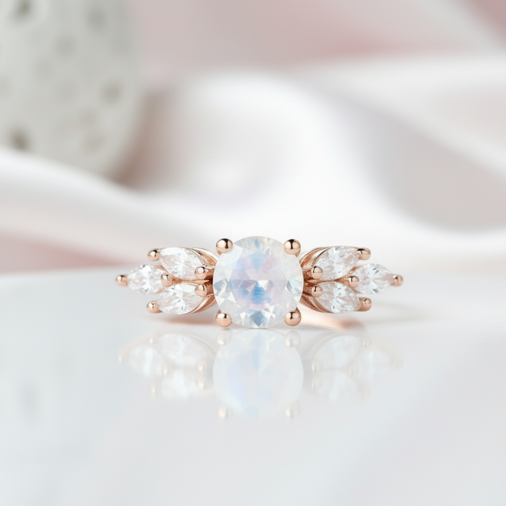 Rainbow Moonstone Promise Ring-Black Diamonds New York