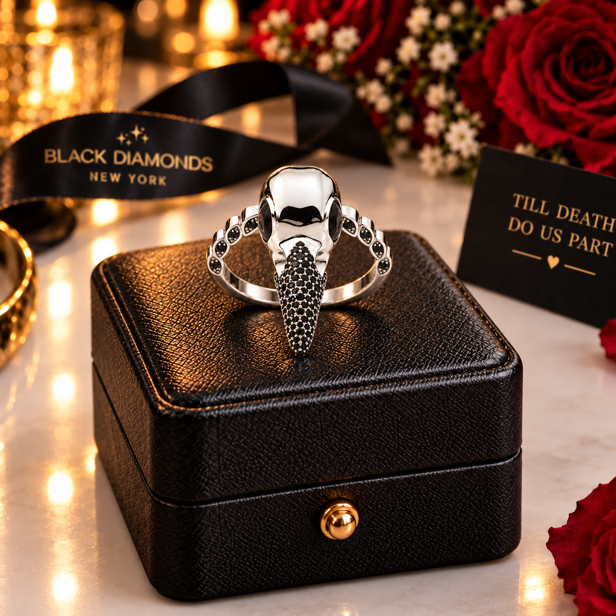 Forevermore- Paved Diamond Option Raven Skull Engagement Ring-Black Diamonds New York