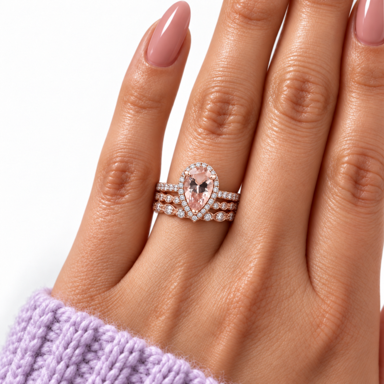 Rose Gold Halo Peachy Pink Simulated Morganite Pear Cut 3pc Ring Set-Black Diamonds New York