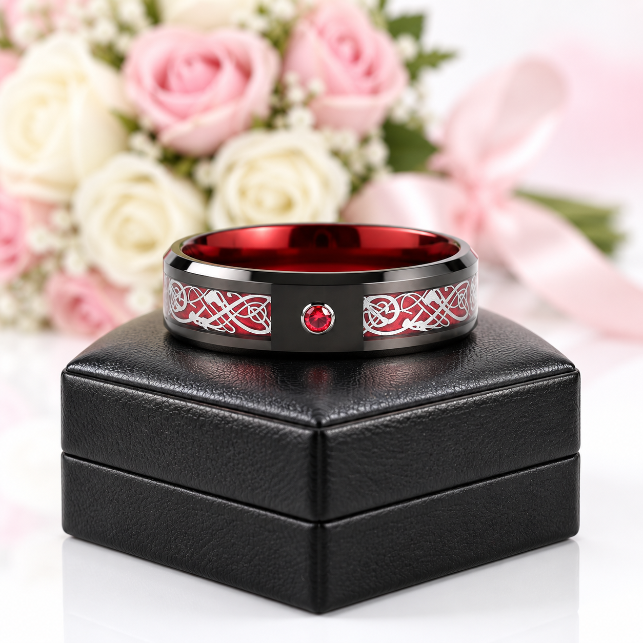 Classic Red Polish Classic Tungsten Carbide Ring-Black Diamonds New York
