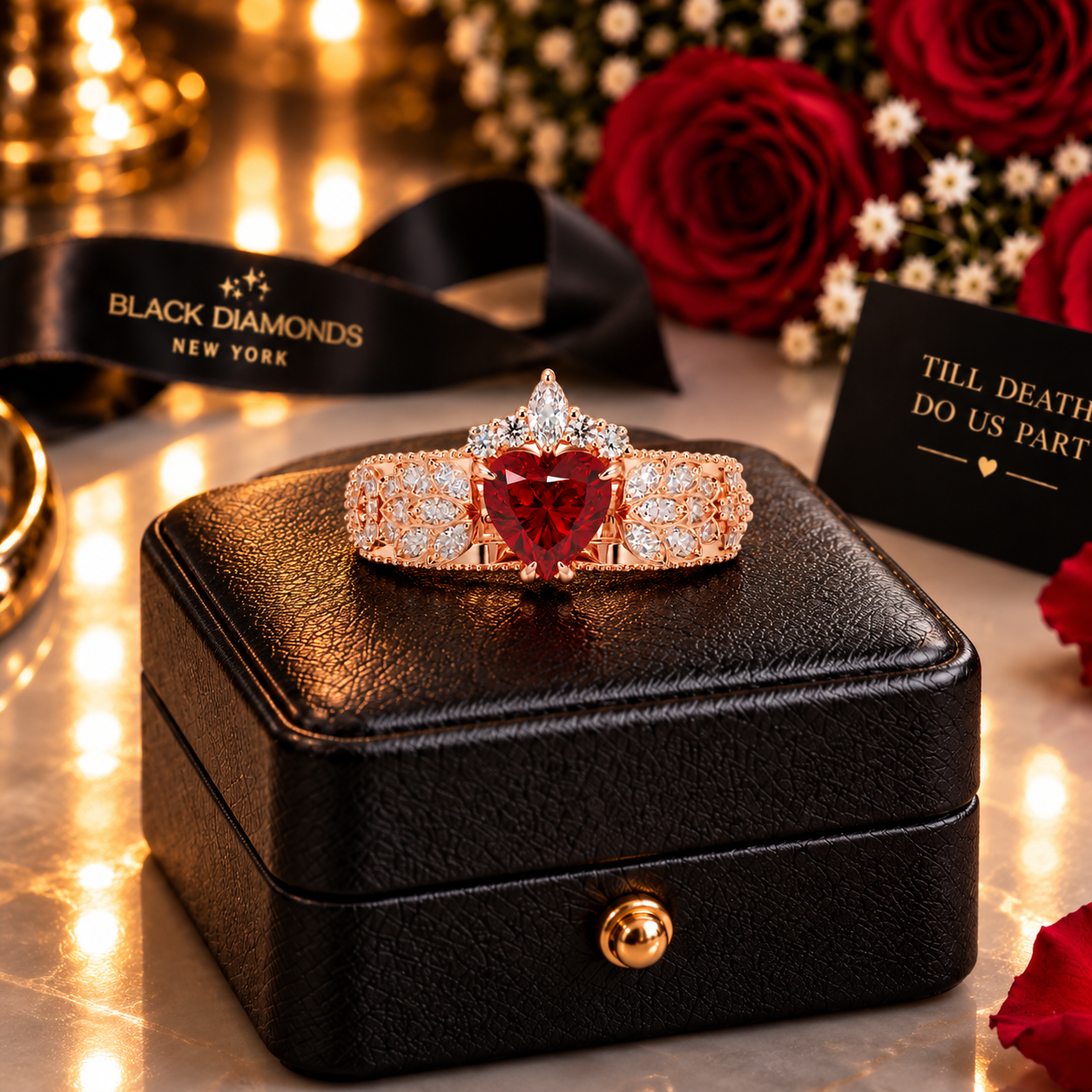 Infinity x Infinity Ring- Red Heart and Cross Diamond Option Gothic Ring-Black Diamonds New York