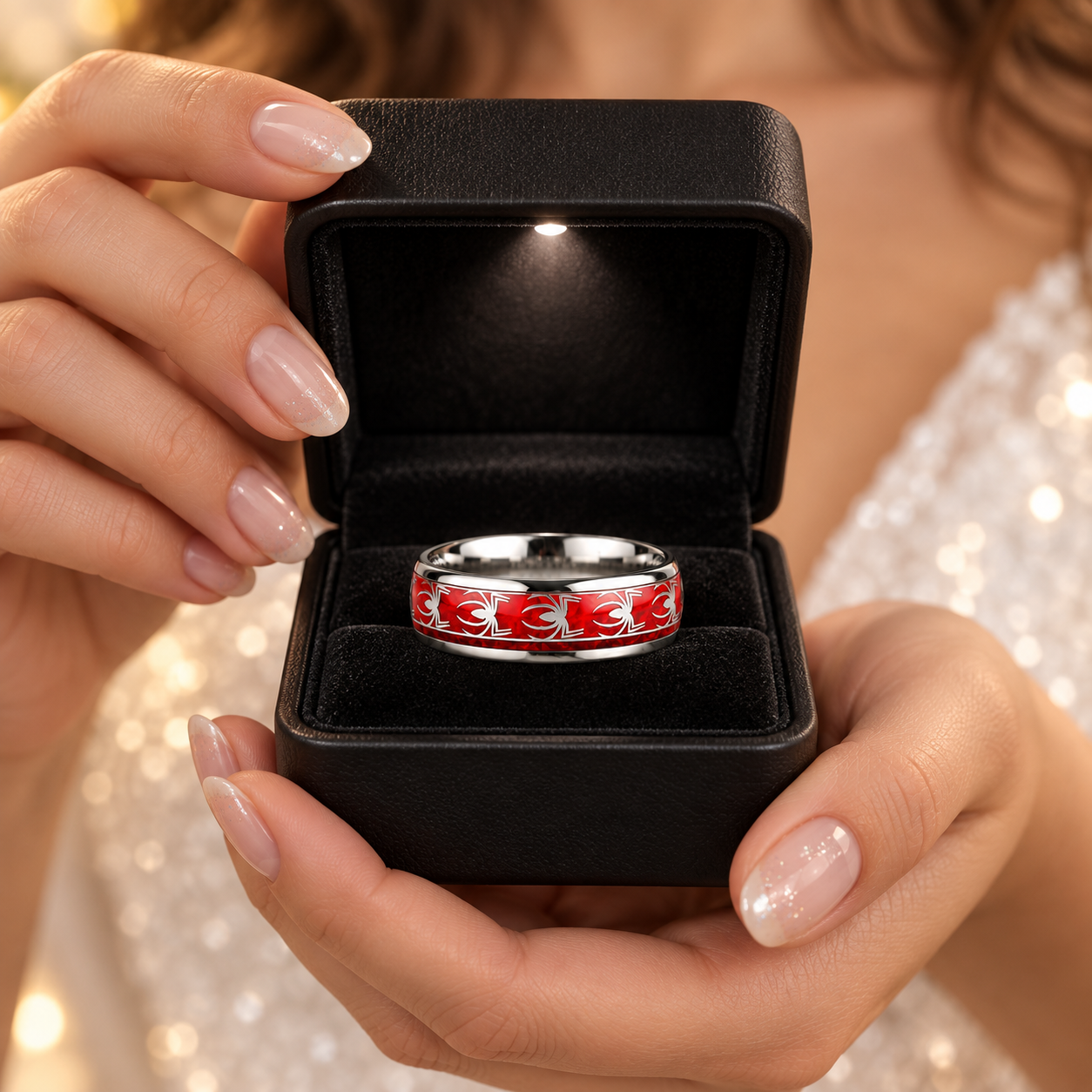 Red Opal & Spider Inlaid Tungsten Men's Wedding Band-Black Diamonds New York
