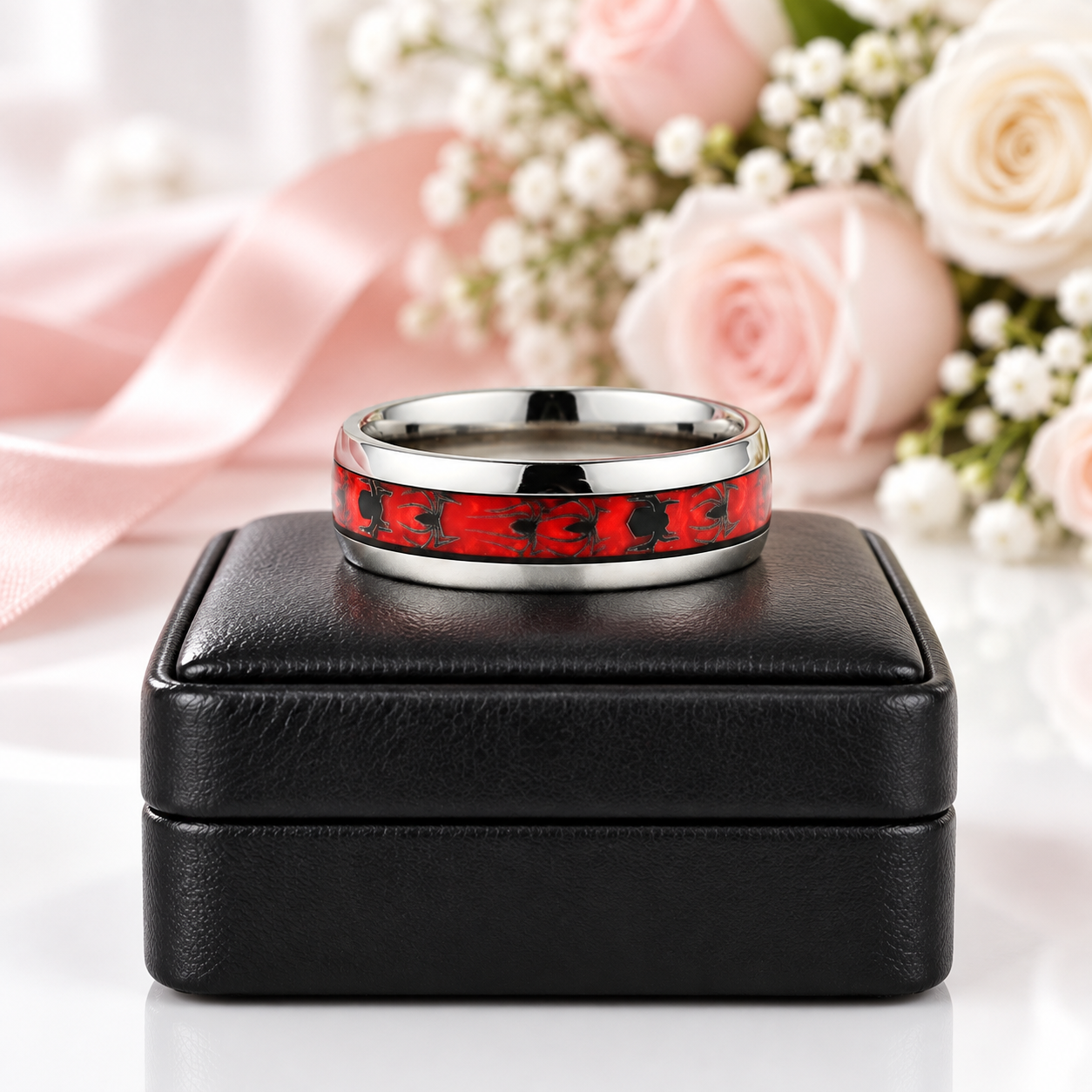 Red Opal & Spider Inlaid Tungsten Men's Wedding Band-Black Diamonds New York