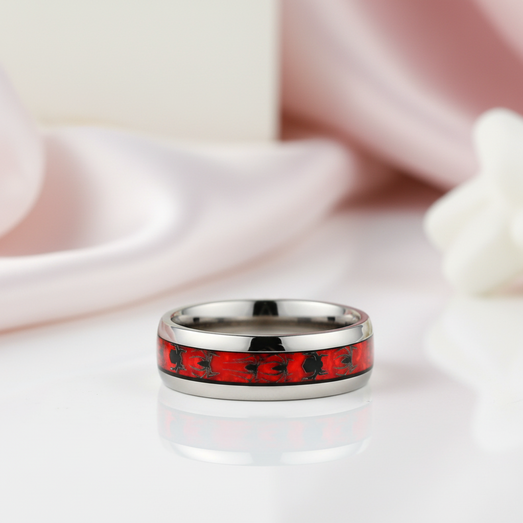 Red Opal & Spider Inlaid Tungsten Men's Wedding Band-Black Diamonds New York