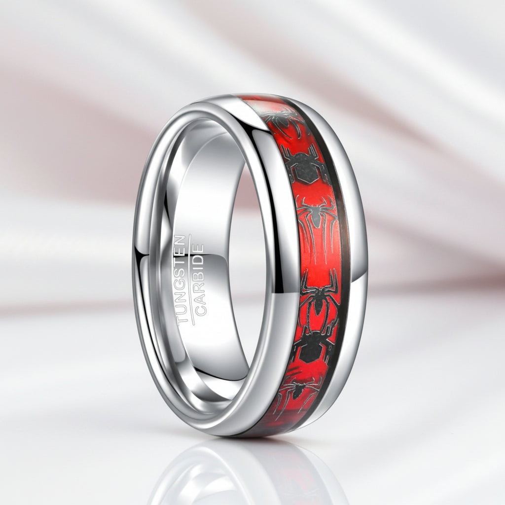 Red Opal & Spider Inlaid Tungsten Men's Wedding Band-Black Diamonds New York