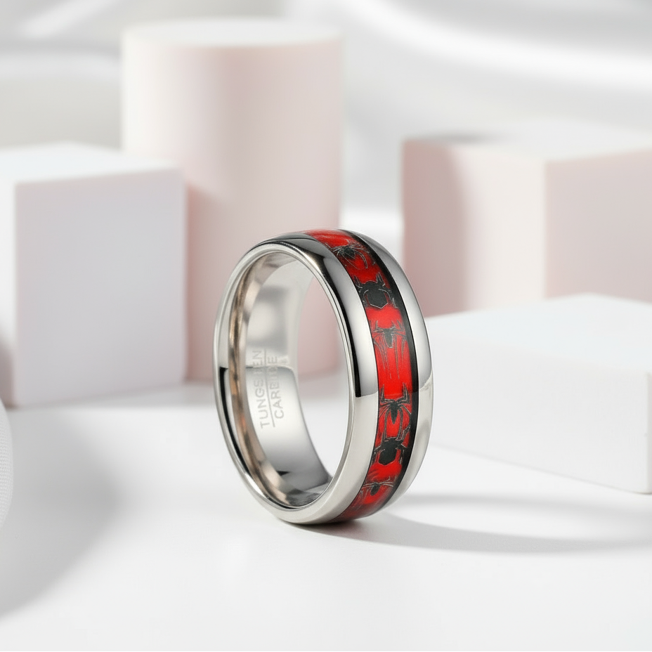 Red Opal & Spider Inlaid Tungsten Men's Wedding Band-Black Diamonds New York