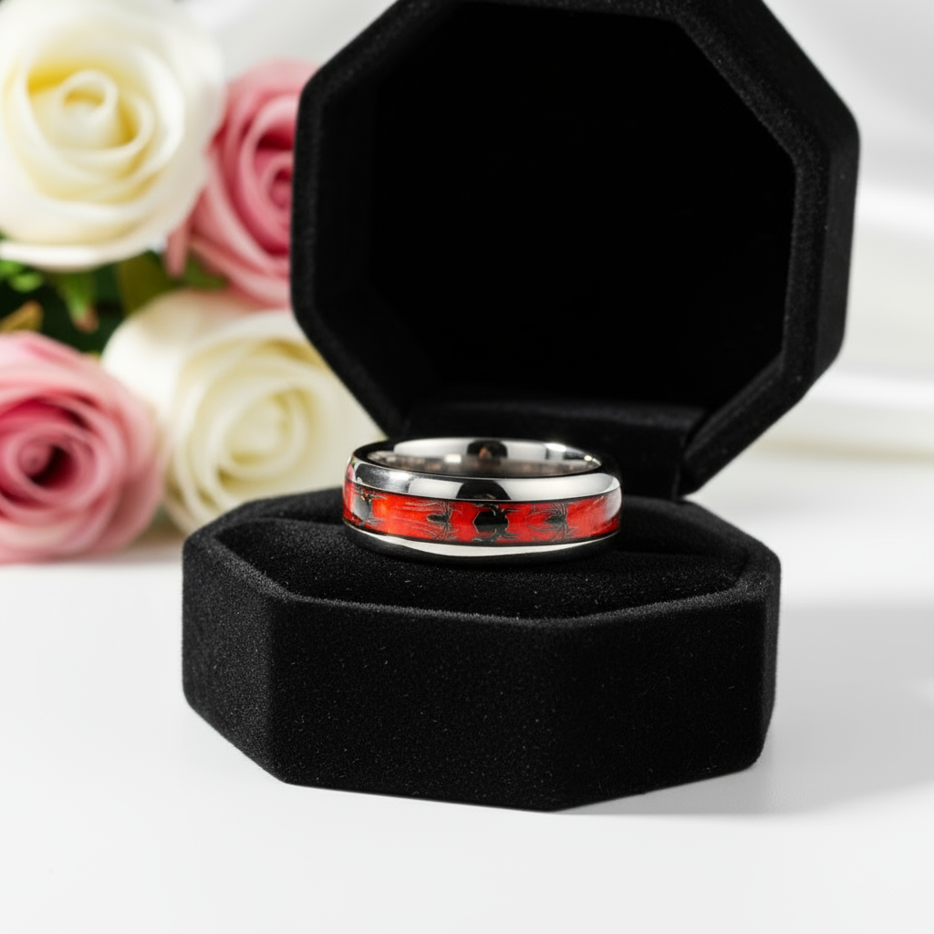 Red Opal & Spider Inlaid Tungsten Men's Wedding Band-Black Diamonds New York