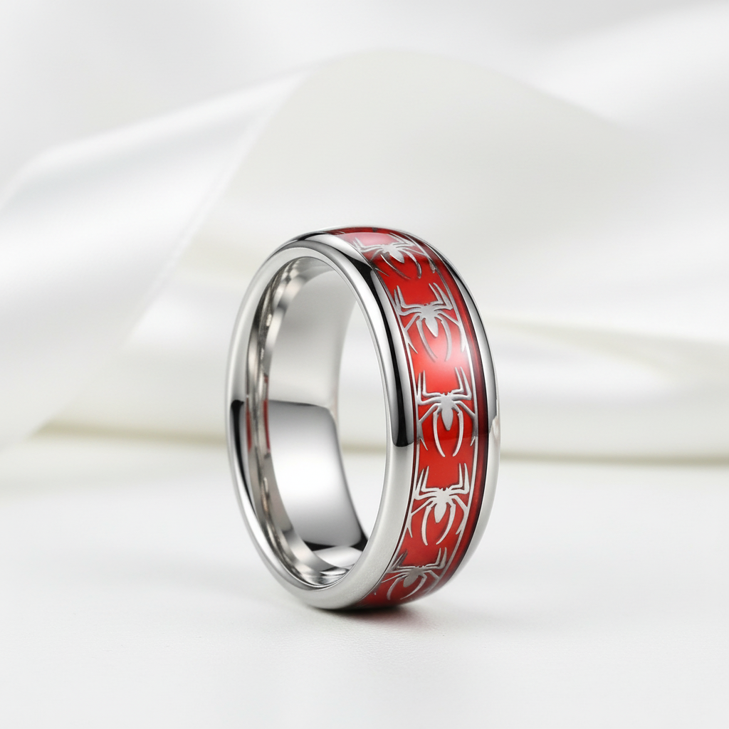 Red Opal & Spider Inlaid Tungsten Men's Wedding Band-Black Diamonds New York