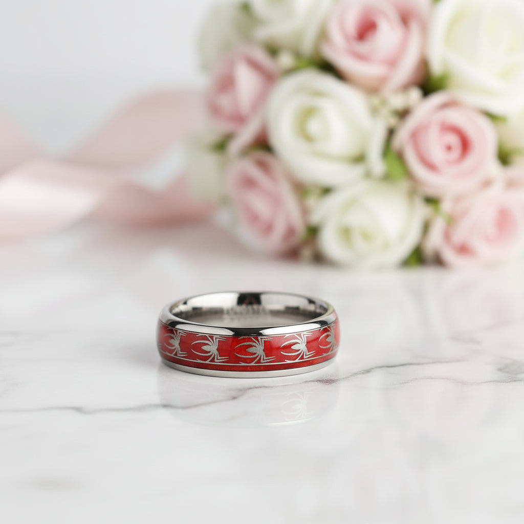 Red Opal & Spider Inlaid Tungsten Men's Wedding Band-Black Diamonds New York