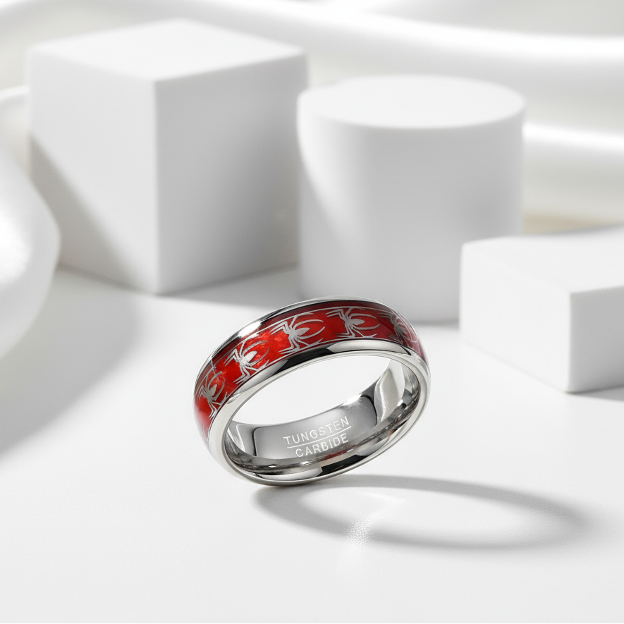 Red Opal & Spider Inlaid Tungsten Men's Wedding Band-Black Diamonds New York