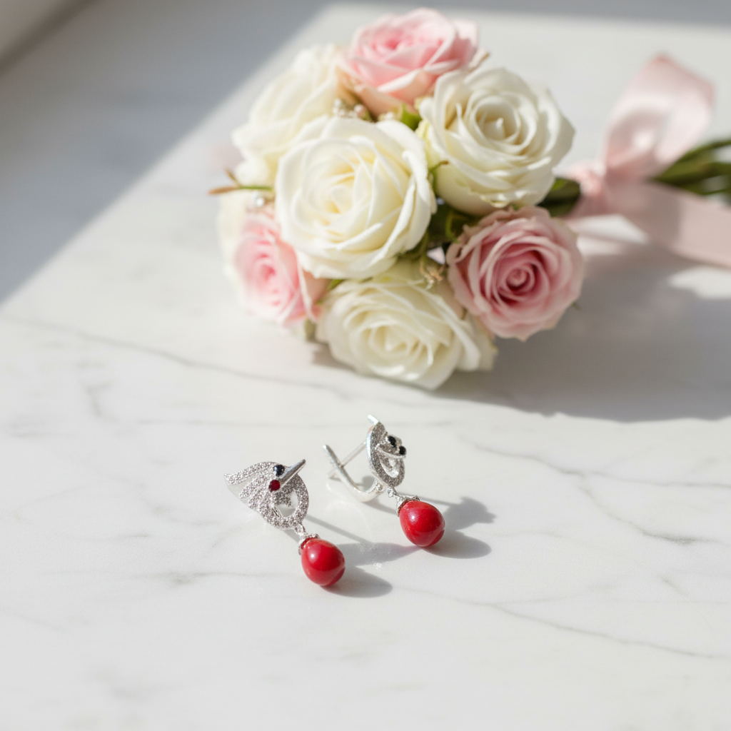 Red Stone Swan Drop Earrings-Black Diamonds New York