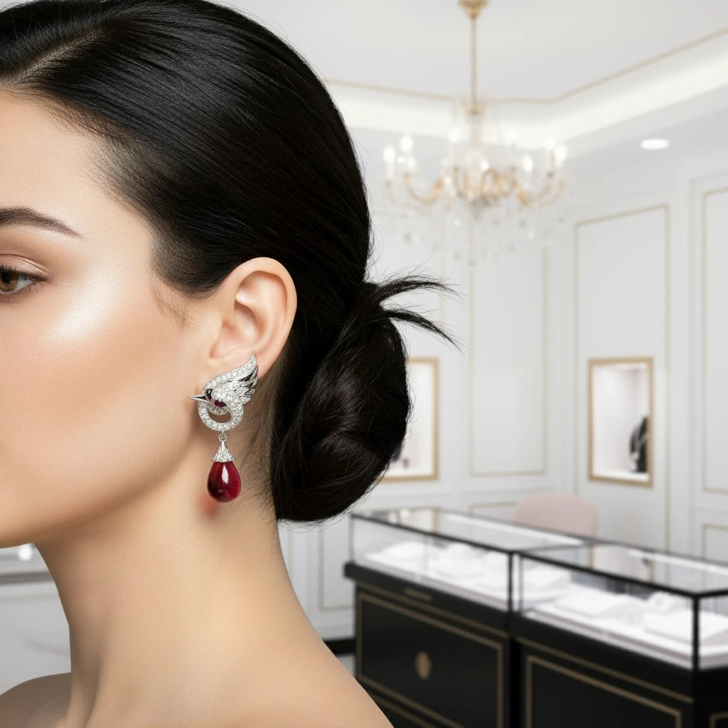 Red Stone Swan Drop Earrings-Black Diamonds New York