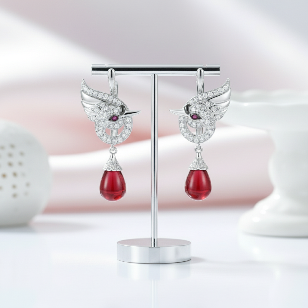 Red Stone Swan Drop Earrings-Black Diamonds New York