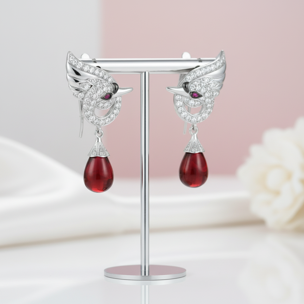 Red Stone Swan Drop Earrings-Black Diamonds New York