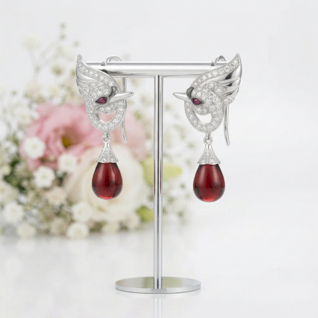 Red Stone Swan Drop Earrings-Black Diamonds New York