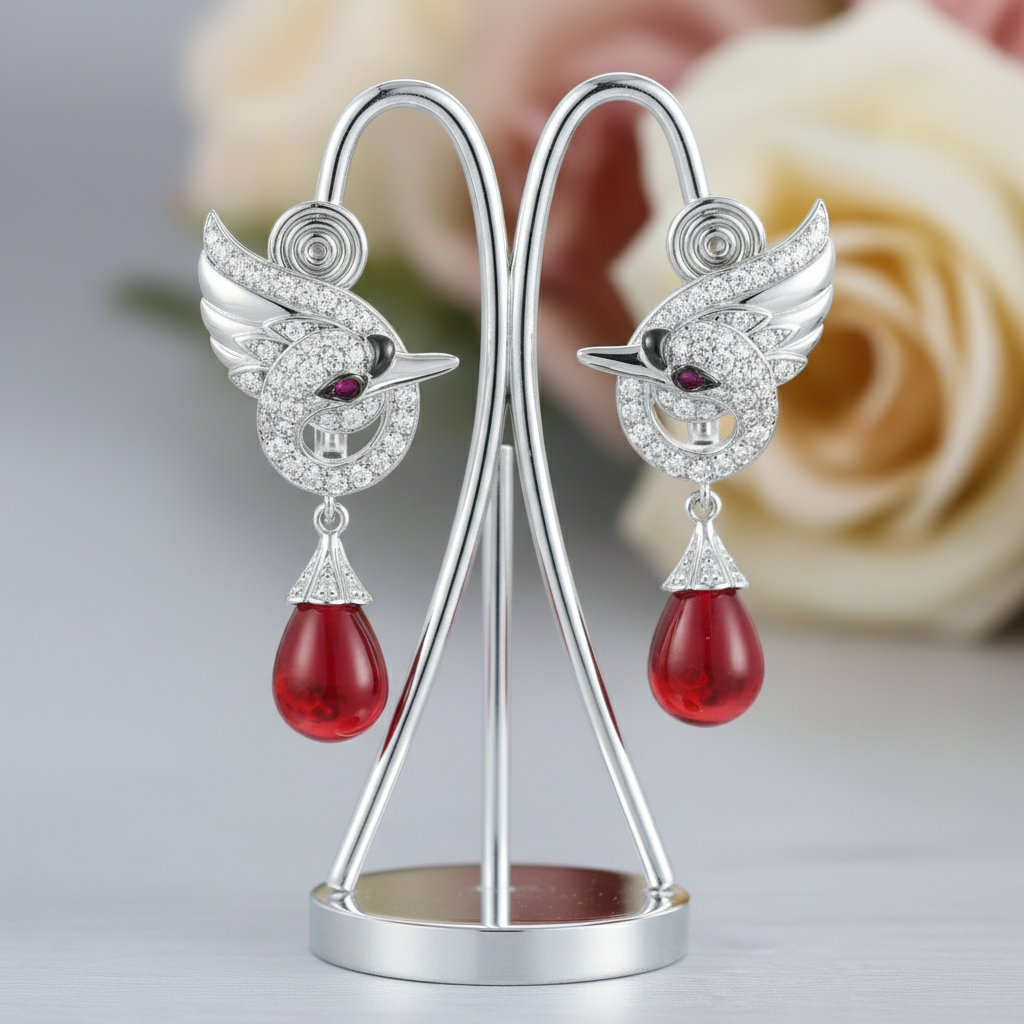 Red Stone Swan Drop Earrings-Black Diamonds New York