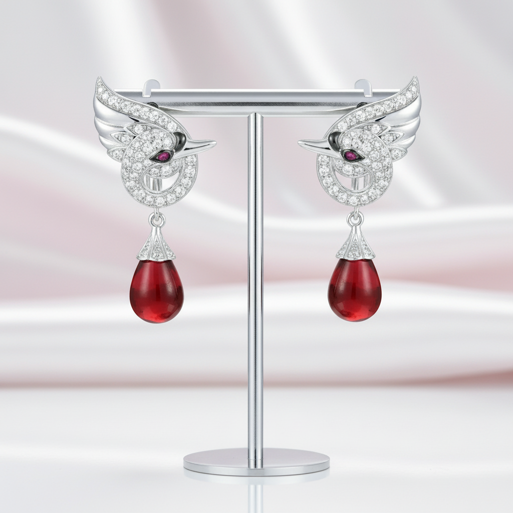 Red Stone Swan Drop Earrings-Black Diamonds New York