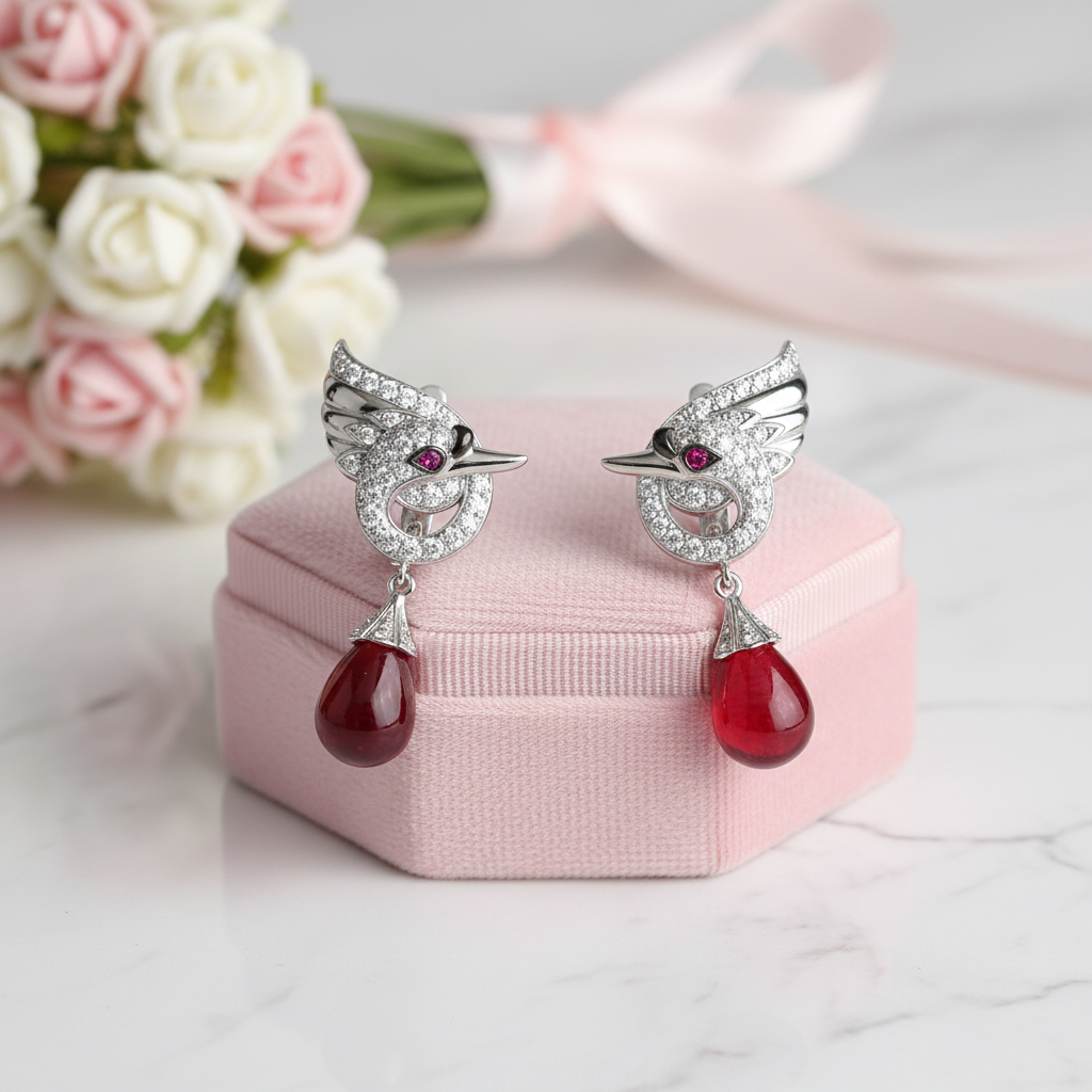 Red Stone Swan Drop Earrings-Black Diamonds New York