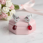 Red Stone Swan Drop Earrings-Black Diamonds New York