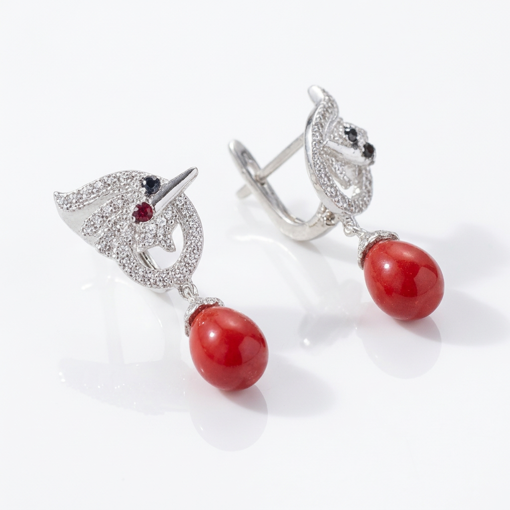 Red Stone Swan Drop Earrings-Black Diamonds New York