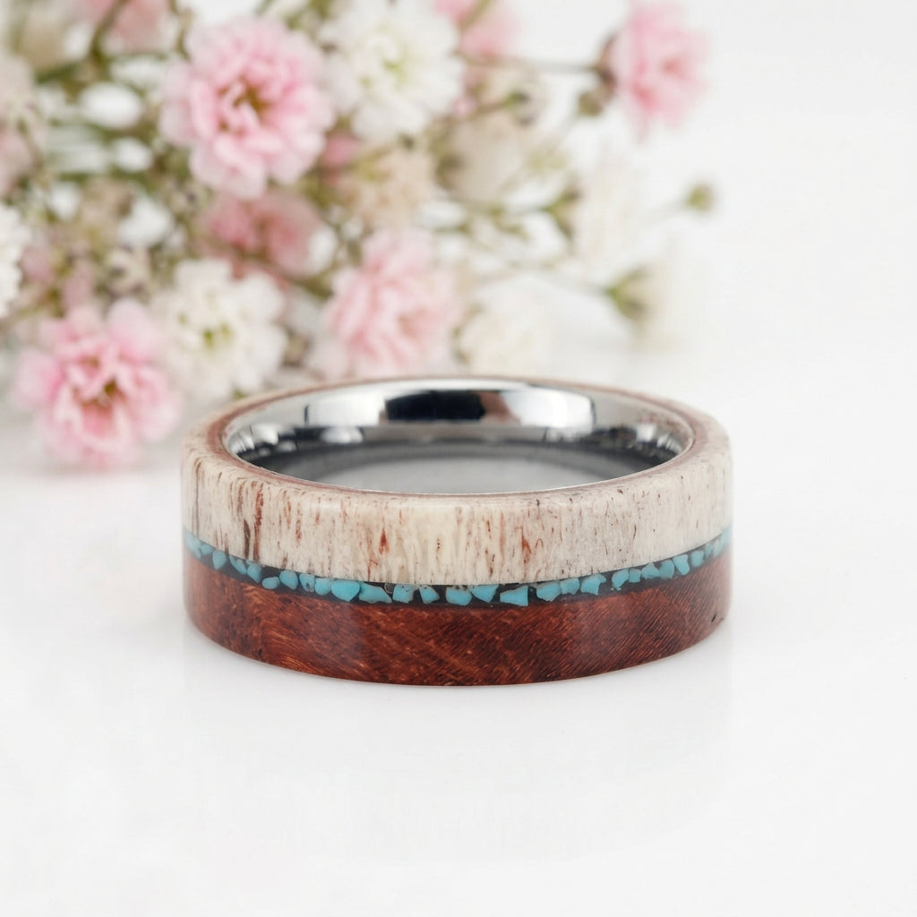 Redwood, Turquoise, and Deer Antler Inlay Tungsten Carbide Men's Ring-Black Diamonds New York