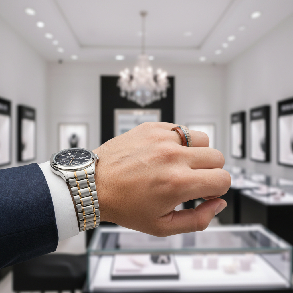 A close-up of a person's wrist wearing a silver and gold-toned metal link watch, with a matching ring on their finger, set against a blurred luxury watch boutique interior with a chandelier and display cases.