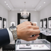 A close-up of a person's wrist wearing a silver and gold-toned metal link watch, with a matching ring on their finger, set against a blurred luxury watch boutique interior with a chandelier and display cases.