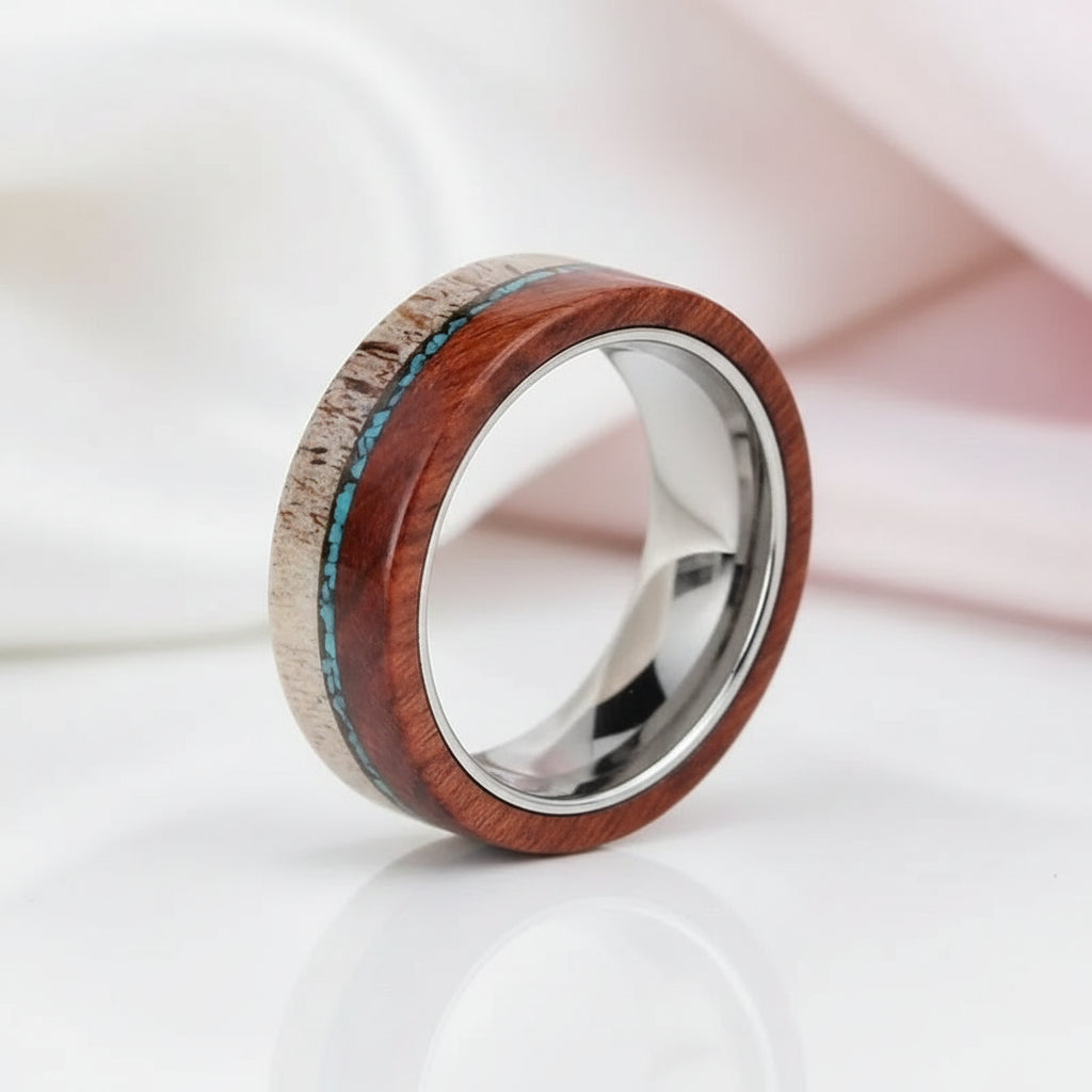 Redwood, Turquoise, and Deer Antler Inlay Tungsten Carbide Men's Ring-Black Diamonds New York