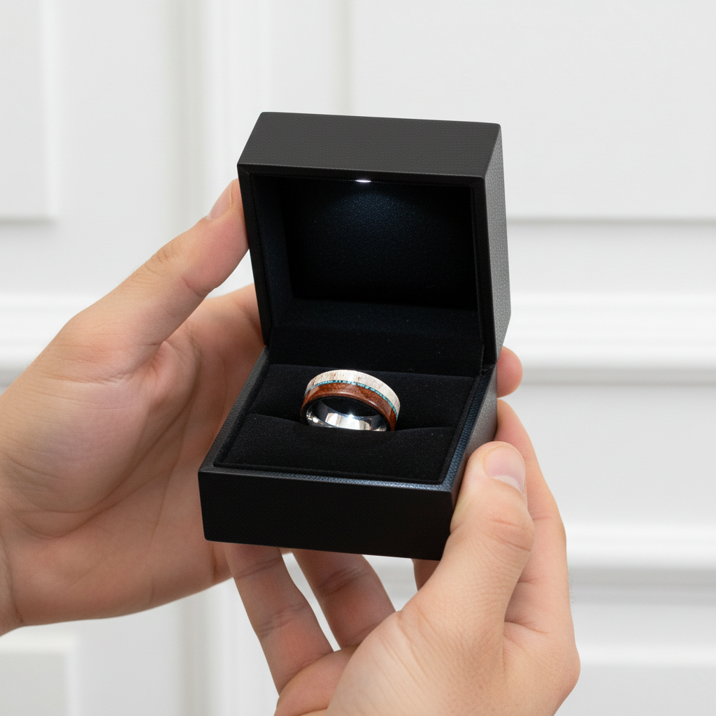 Redwood, Turquoise, and Deer Antler Inlay Tungsten Carbide Men's Ring-Black Diamonds New York