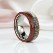 Redwood, Turquoise, and Deer Antler Inlay Tungsten Carbide Men's Ring-Black Diamonds New York