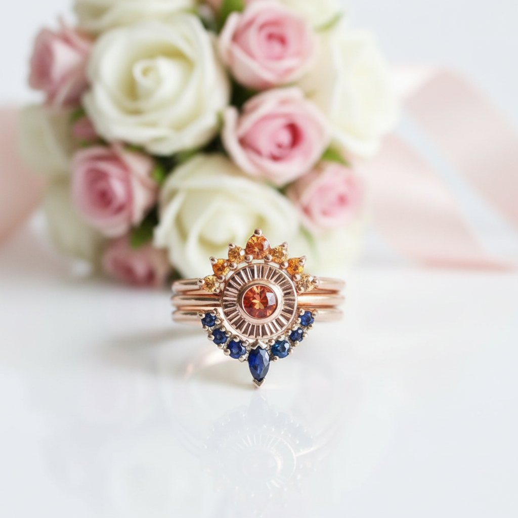 Retro Three-layer Diamond Option Sun and Flower Ring-Black Diamonds New York