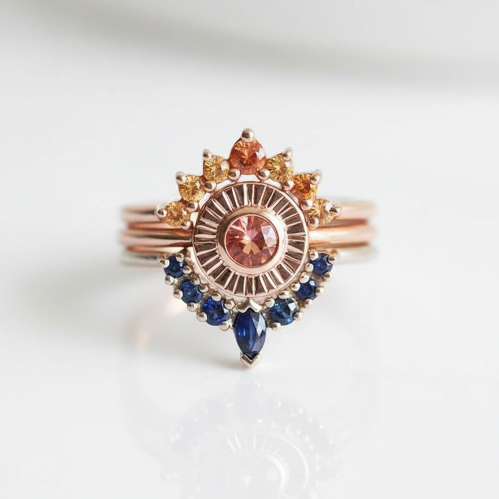 Retro Three-layer Diamond Option Sun and Flower Ring-Black Diamonds New York