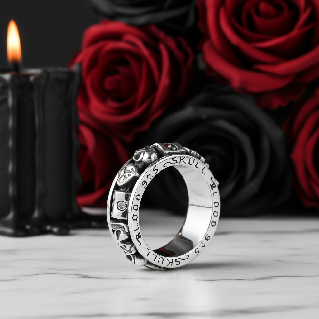 Retro Trend Skull Love Poker Rotatable Men's Band-Black Diamonds New York