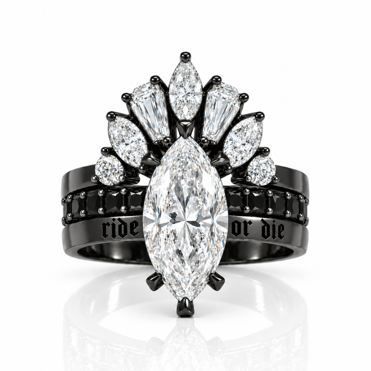 Ride or Die Wedding Rings- 2.5 Ct Marquise Cut Diamond Option Gothic Bridal Set in 14k White Gold-Black Diamonds New York