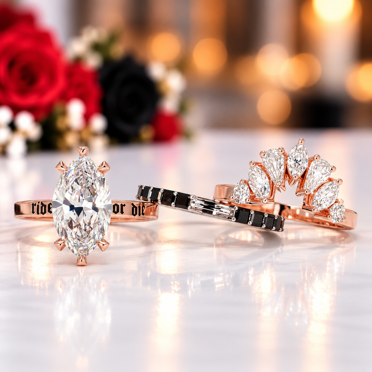 Ride or Die Wedding Rings- 2.5 Ct Marquise Cut Diamond Option Gothic Bridal Set in 14k White Gold-Black Diamonds New York