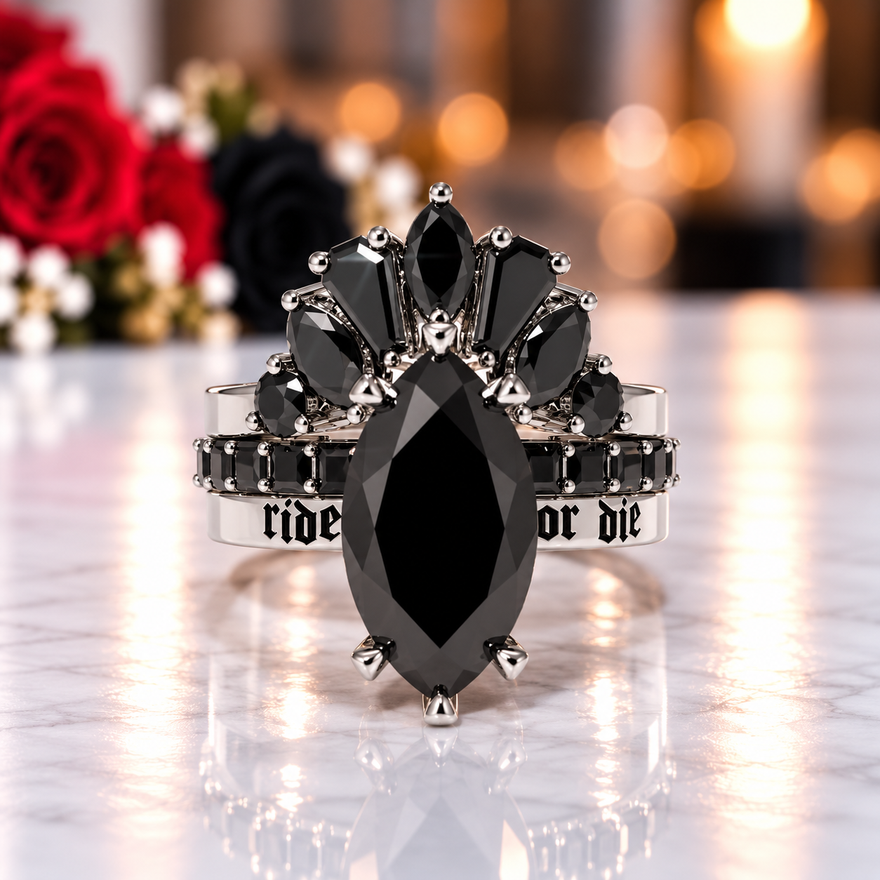 Ride or Die Wedding Rings- 2.5 Ct Marquise Cut Diamond Option Gothic Bridal Set in 14k White Gold-Black Diamonds New York