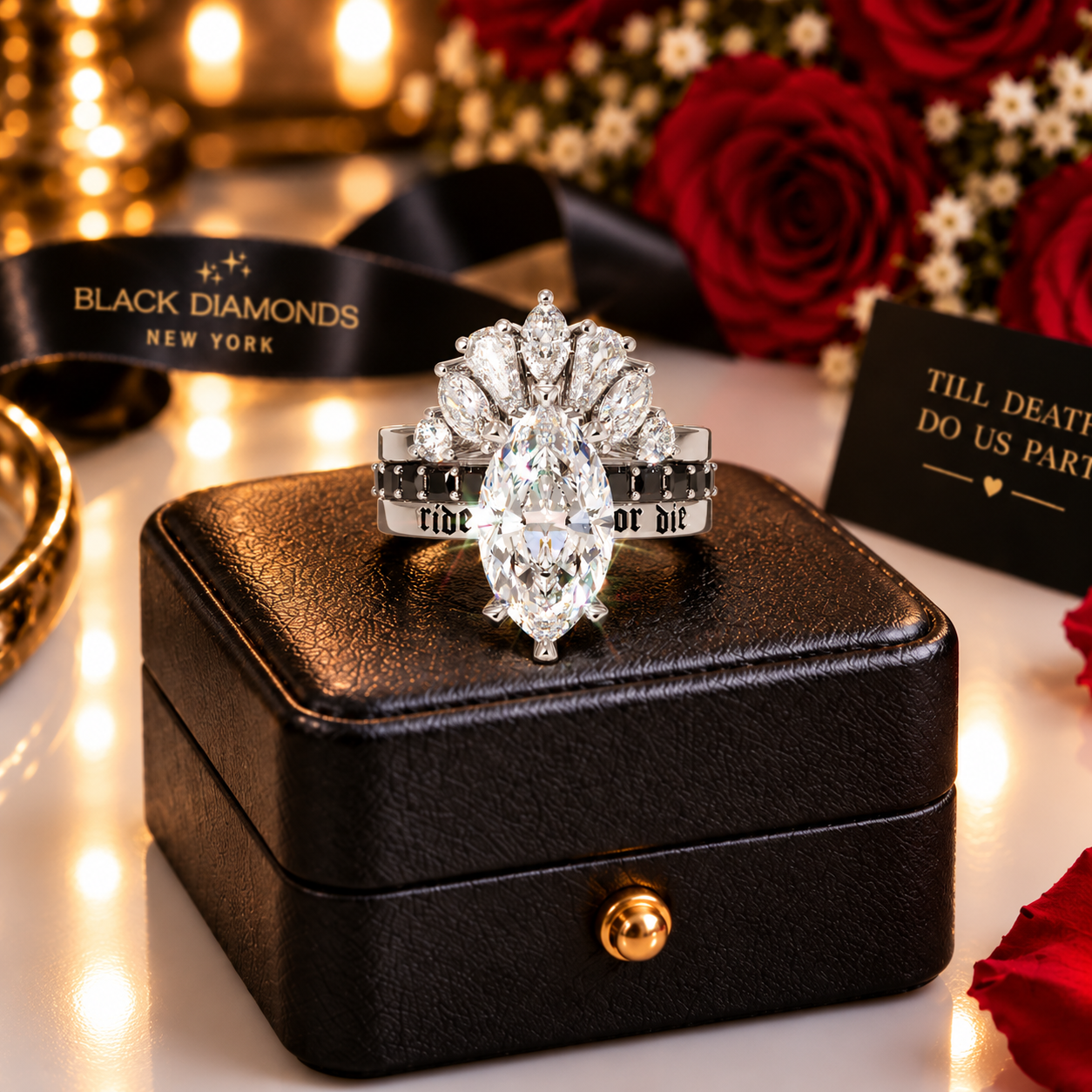 Ride or Die Wedding Rings- 2.5 Ct Marquise Cut Diamond Option Gothic Bridal Set in 14k White Gold-Black Diamonds New York
