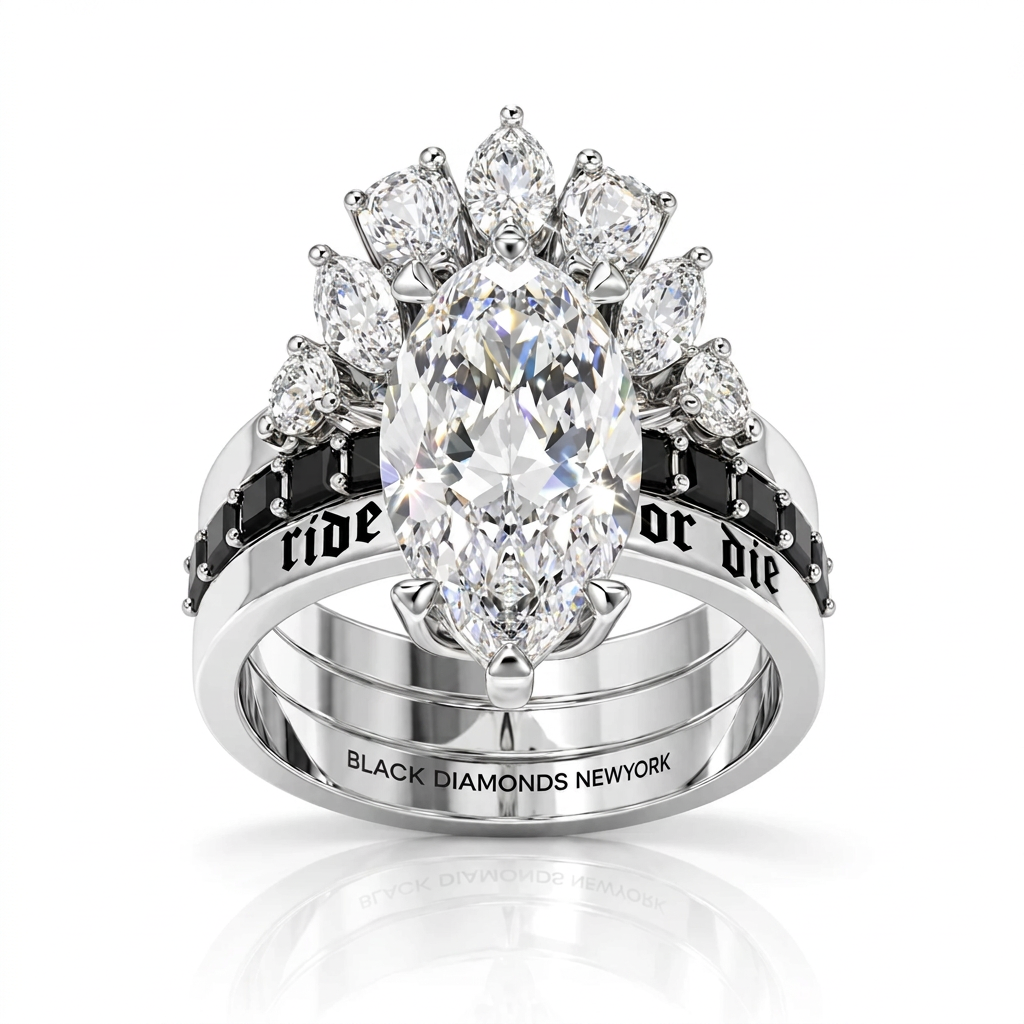 Ride or Die Wedding Rings- 2.5 Ct Marquise Cut Diamond Option Gothic Bridal Set in 14k White Gold-Black Diamonds New York