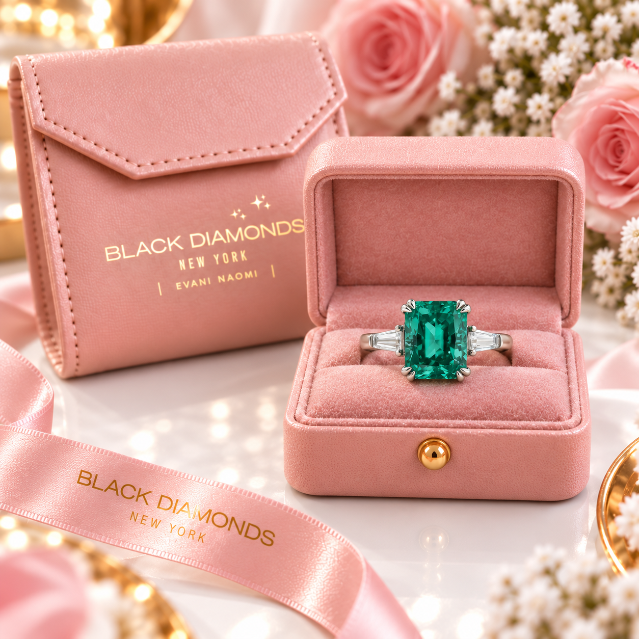 4.0ct Paraiba Tourmaline Radiant Cut Three-Stone Engagement Ring-Black Diamonds New York