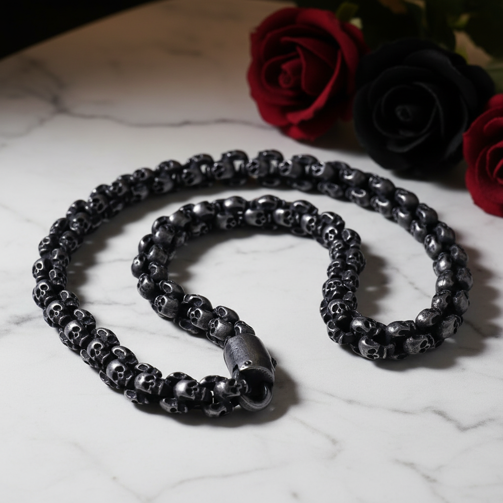 Rock Skull Head Link Chain Punk Necklace-Black Diamonds New York