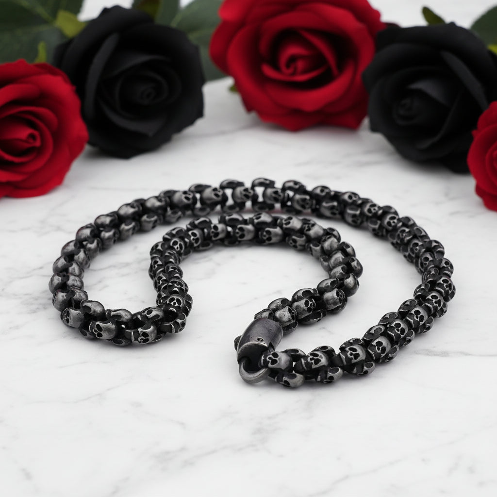 Rock Skull Head Link Chain Punk Necklace-Black Diamonds New York