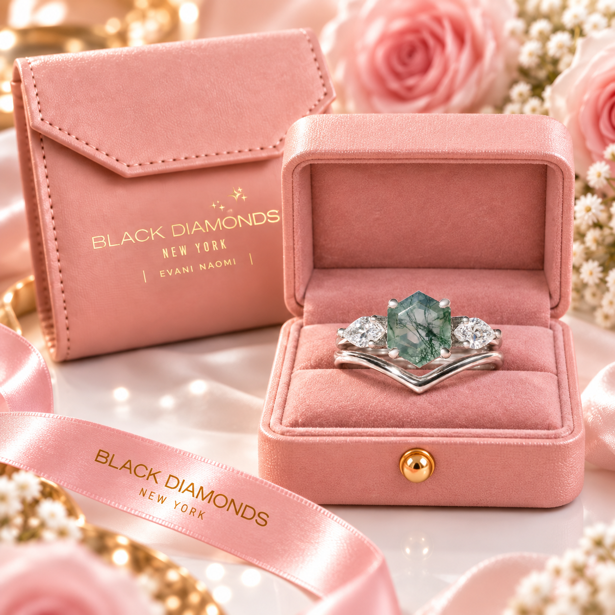 Hexagon Exquisite Moss Agate Engagement Ring Set-Black Diamonds New York