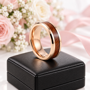 Koa Wood Inlay Beveled Edge Tungsten Carbide Ring-Black Diamonds New York