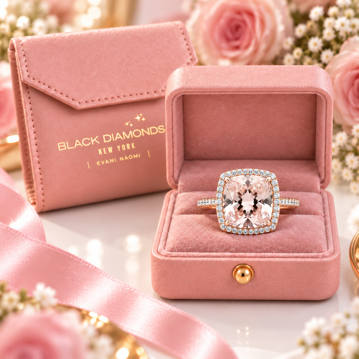 3.0ct Cushion Cut Morganite Halo Engagement Ring-Black Diamonds New York