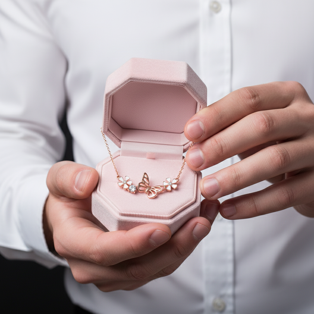 A close-up of a person in a white dress shirt holding an open pink jewelry box with a delicate rose gold necklace featuring small white flower charms.